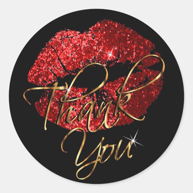 Red Glitter Lipstick on Black - Thank You Classic Round Sticker (Front)