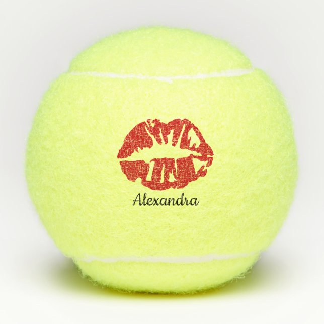 Red Glitter Lipstick Sensual Kiss Customized Name Tennis Balls (Front)