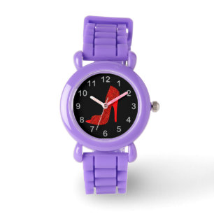 Red glitter look glam high heel shoe watch