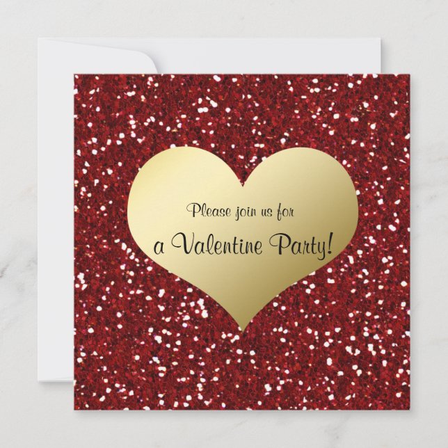 Red Glitter Look Gold Heart Valentine Invitation (Front)