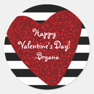 Red Glitter Look Heart Black White Valentine's Classic Round Sticker