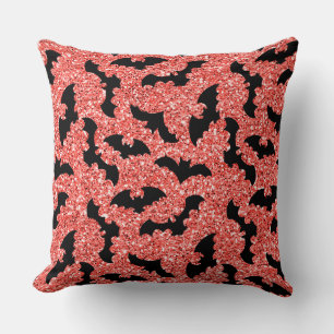 RED GLITTER LOOK WITH BLACK BATS THROW PILLOW
