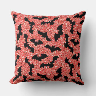 RED GLITTER LOOK WITH BLACK BATS THROW PILLOW