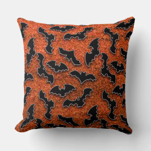 RED GLITTER LOOK WITH BLACK BATS THROW PILLOW