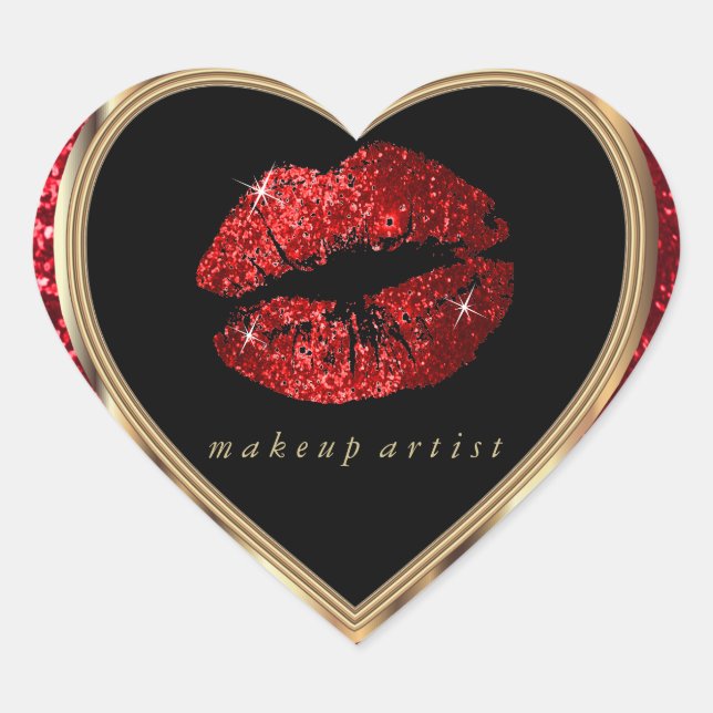 Red Glitter Love Lips and Gold Font Heart Sticker (Front)