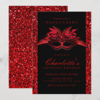 Red Glitter Masquerade Party Invitations