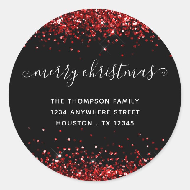 Red Glitter Merry Christmas Name Address Black Classic Round Sticker (Front)