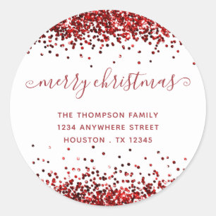 Red Glitter Merry Christmas Name Return Address Classic Round Sticker