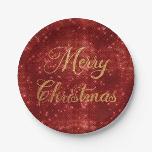 Red glitter merry christmas paper plate