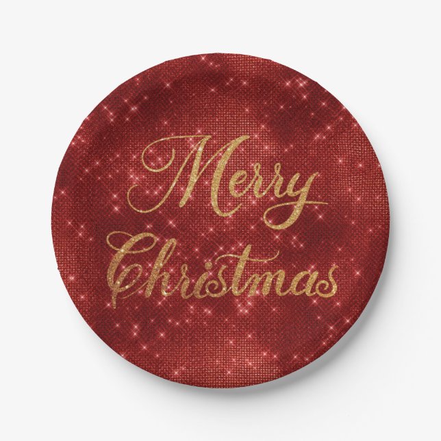 Red glitter merry christmas  paper plate (Front)