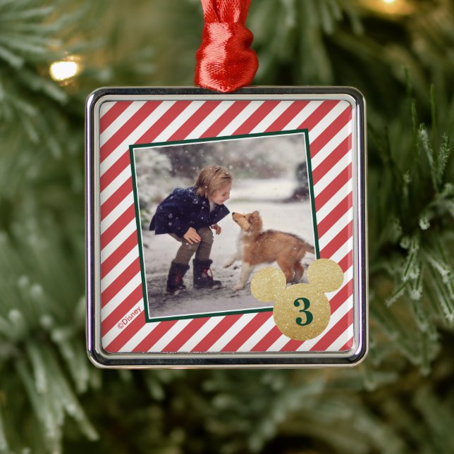 Red Glitter Mickey Icon with Photo Metal Ornament (Tree)