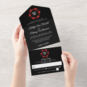 Red Glitter Monogram Poker Chip Casino Wedding All In One Invitation
