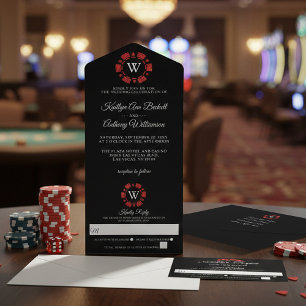 Red Glitter Monogram Poker Chip Casino Wedding All In One Invitation