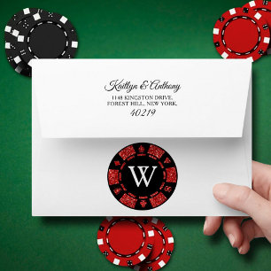 Red Glitter Monogram Poker Chip Casino Wedding Envelope
