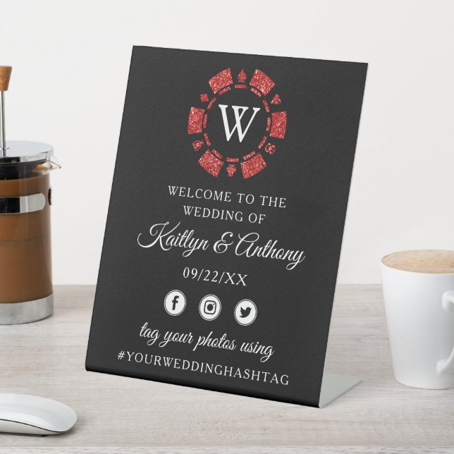 Red Glitter Monogram Poker Chip Casino Wedding Pedestal Sign (In SItu)