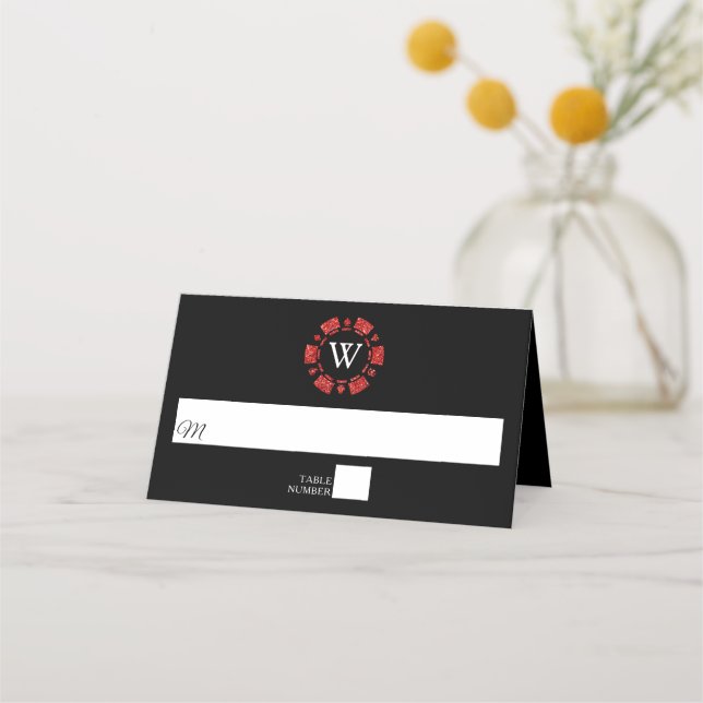 Red Glitter Monogram Poker Chip Casino Wedding Place Card (Front)