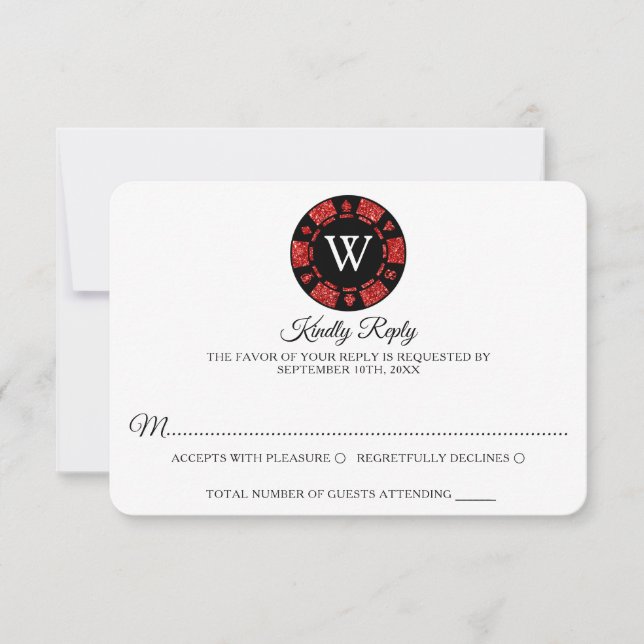 Red Glitter Monogram Poker Chip Casino Wedding RSVP Card (Front)
