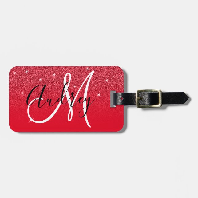 Red Glitter Ombre Personalized Monogram Luggage Tag (Front Horizontal)