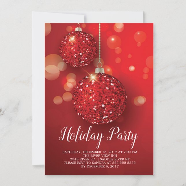 Red Glitter  Ornament Holiday Party Invitation (Front)
