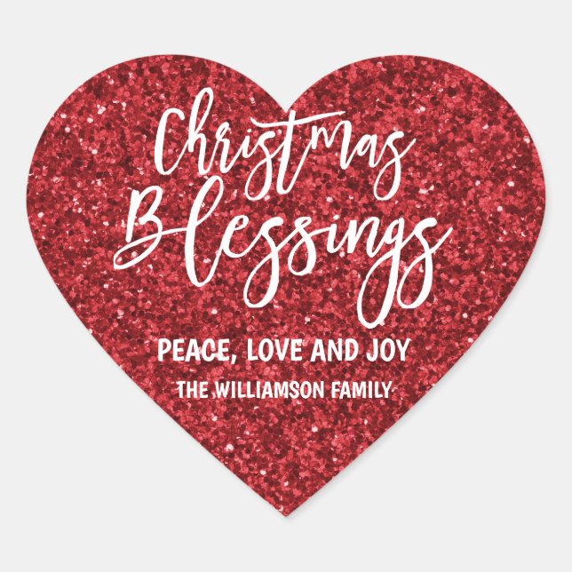 Red Glitter Personalized Christmas Blessings Heart Sticker (Front)