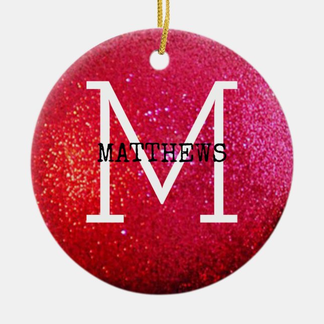 Red Glitter Personalized Holiday  Ceramic Ornament (Front)