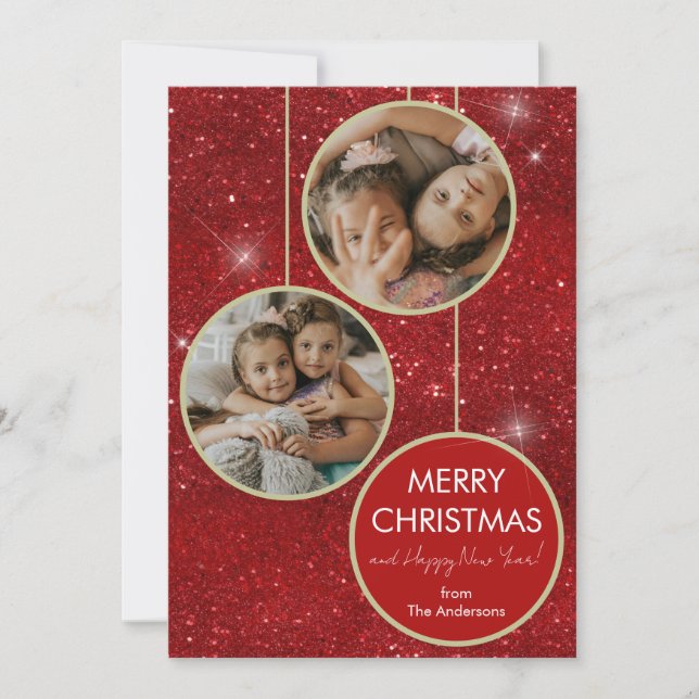 Red Glitter Photo Merry Christmas Holiday Card (Front)