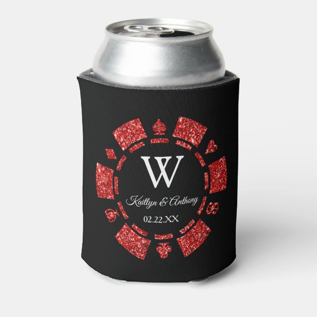 Red Glitter Poker Chip Casino Wedding Can Cooler (Can Back)