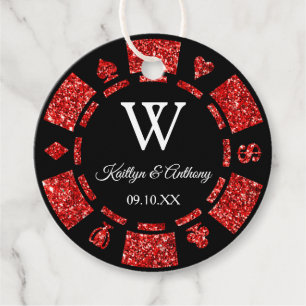 Red Glitter Poker Chip Casino Wedding Party Favour Tags