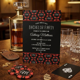 Red Glitter Poker Chip Las Vegas Bachelor Party Invitation