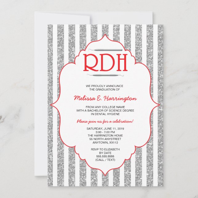 Red Glitter RDH graduation dental hygienist invite (Front)