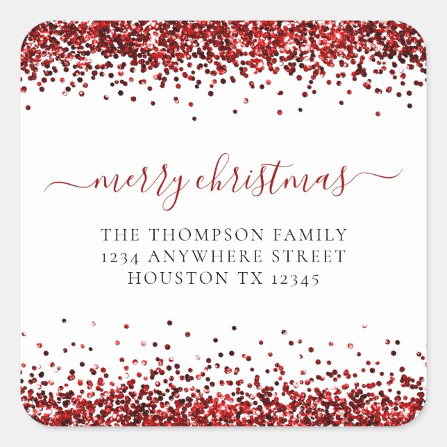 Red Glitter Return Name Address Merry Christmas Square Sticker (Front)