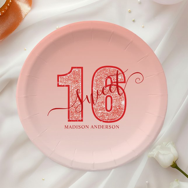 Red Glitter Script Sweet 16 Paper Plate (Creator Uploaded)