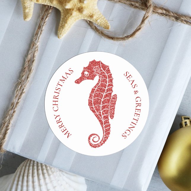 Red Glitter Seahorse Tropical Beach Christmas Classic Round Sticker (Creator Uploaded)