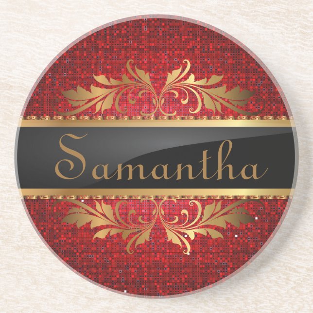 Red Glitter Sequin Disco Glitz Pattern Coasters (Front)