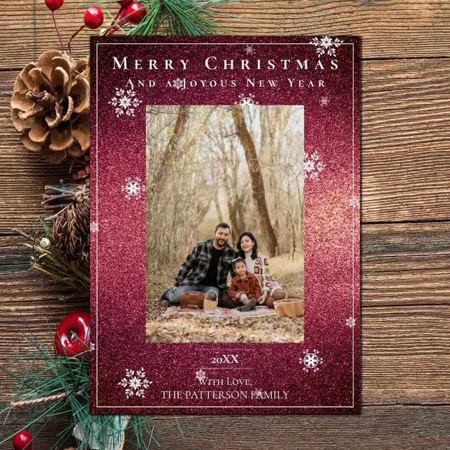 Red Glitter Snowflakes Holiday Photo Card (Red Glitter Snowflakes Holiday Photo Card)