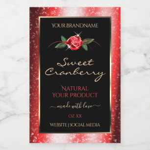 Red Glitter Stars Black Product Labels Rose Flower