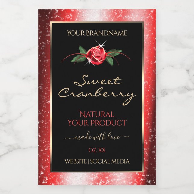 Red Glitter Stars Black Product Labels Rose Flower (Single Label)