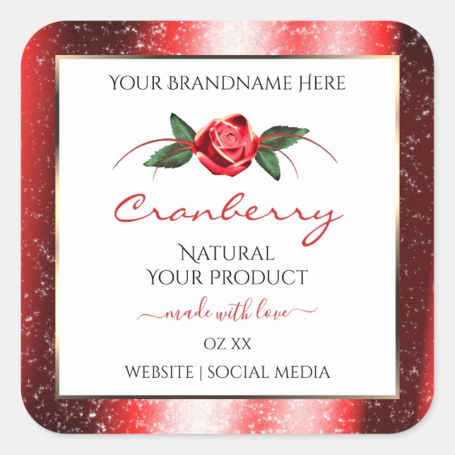 Red Glitter Stars White Product Labels Rose Flower (Front)