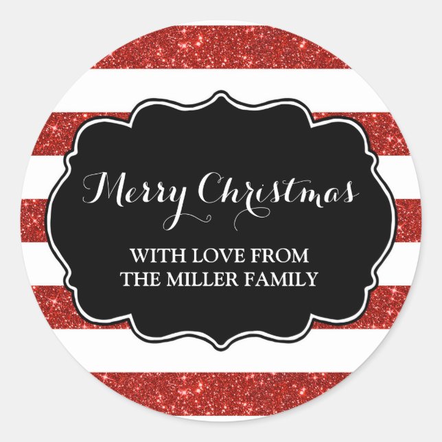 Red Glitter Stripes Merry Christmas Custom Classic Round Sticker (Front)