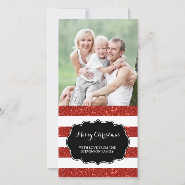 Red Glitter Stripes Merry Christmas Photo Card (Front)