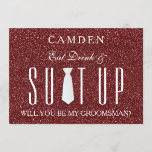 Red Glitter Suitup Will you be my groomsman Invitation