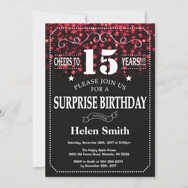 Red Glitter Surprise 15th Birthday Invitation (Front)