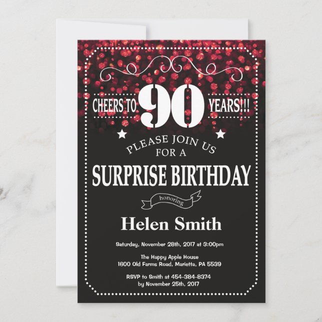 Red Glitter Surprise 90th Birthday Invitation (Front)