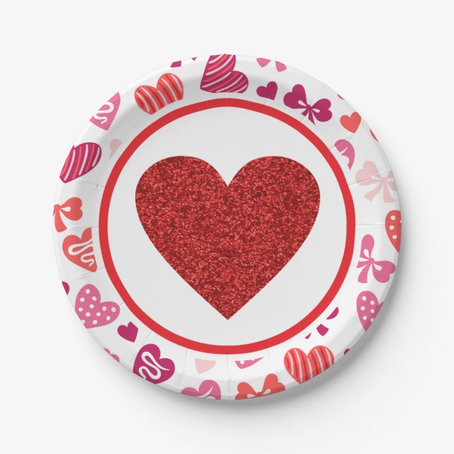 Red Glitter Valentines Heart Birthday Paper Plate (Front)