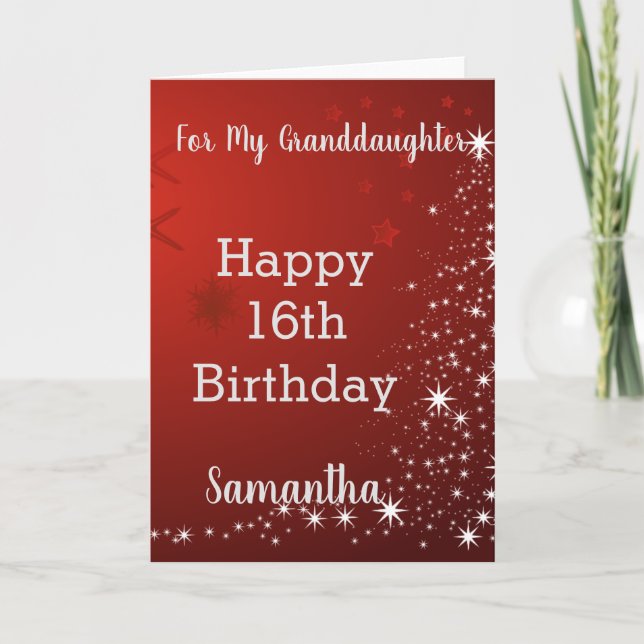 Red Glitters Happy 16th Birthday Granddaughter Card (Front)