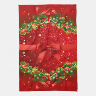 Red Glitters with Bow and Christmas Ornaments Kitchen Towel