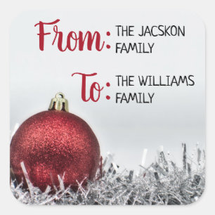 Red glittery Christmas ball with silver garland Square Sticker