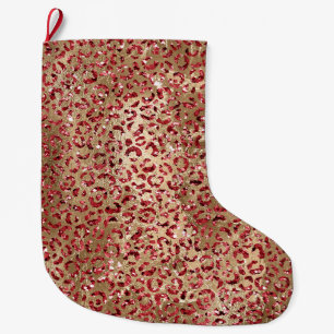 Red Glitz Gold Glam Leopard Print  Large Christmas Stocking