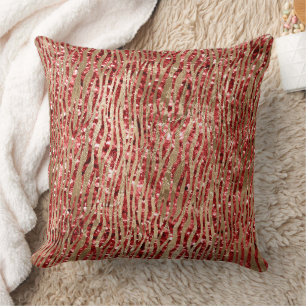 Red Glitz Gold Glam Zebra Print Throw Pillow