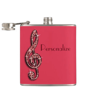 Red Glitzy Sparkly Music Notes Hip Flask